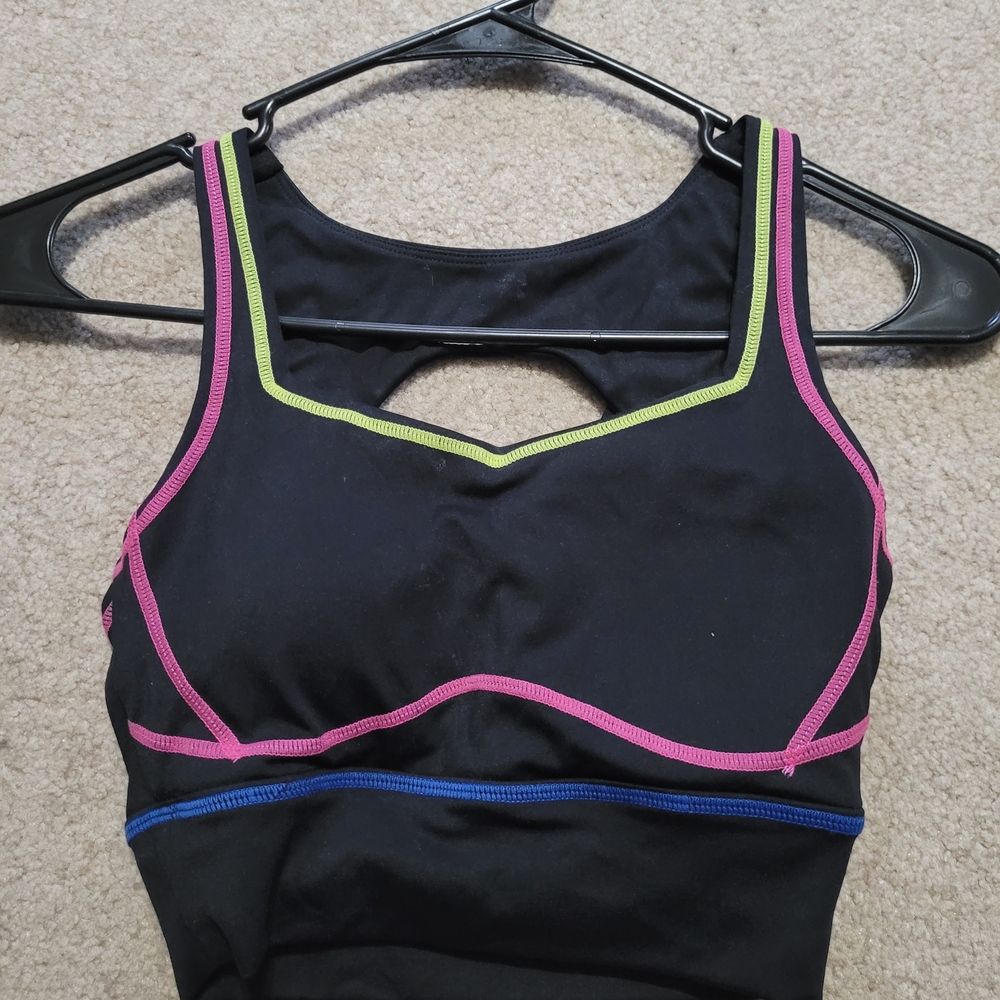 BuffBunny Transcend Black Sports Bra with Pink, Green, and Blue Trim (Xs)